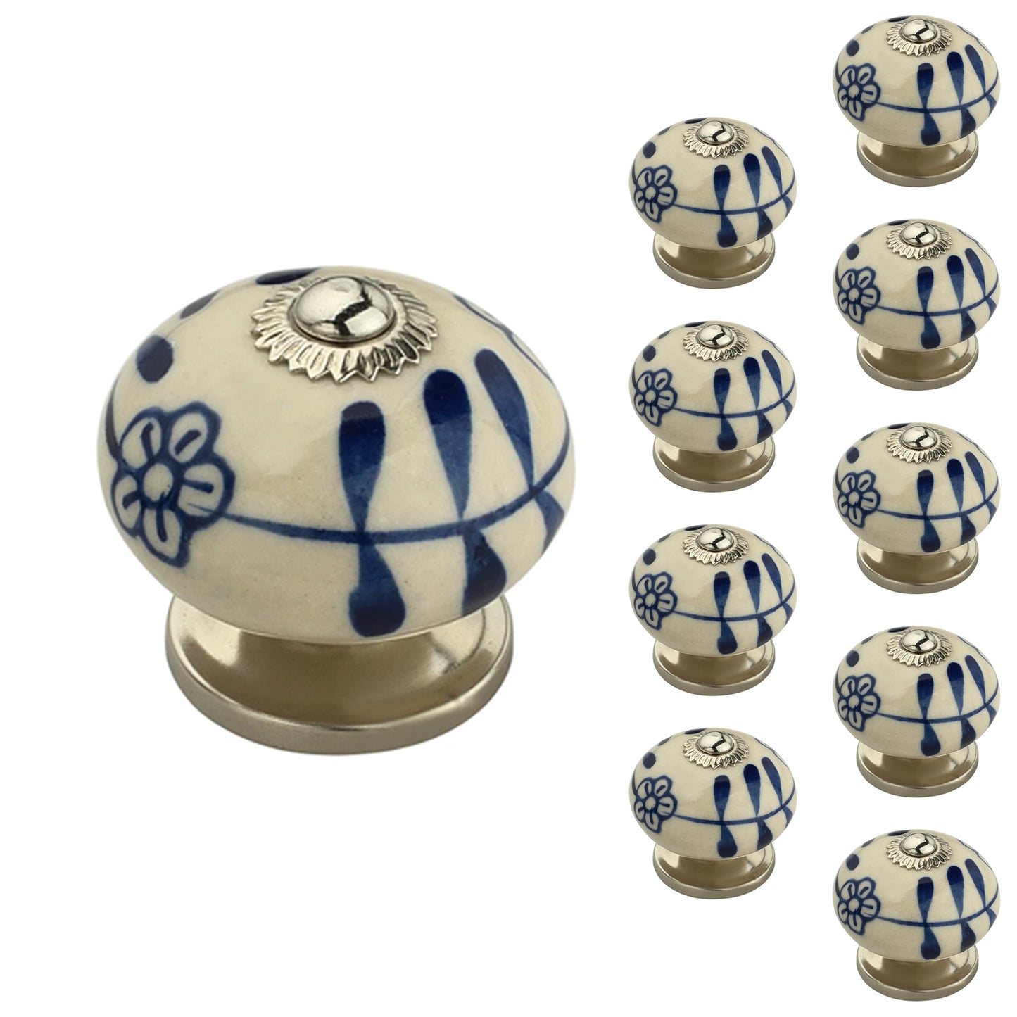 Mascot Hardware Flowered Elegant 1-3/5 in. Blue & Cream Cabinet Knob (Pack of 10)