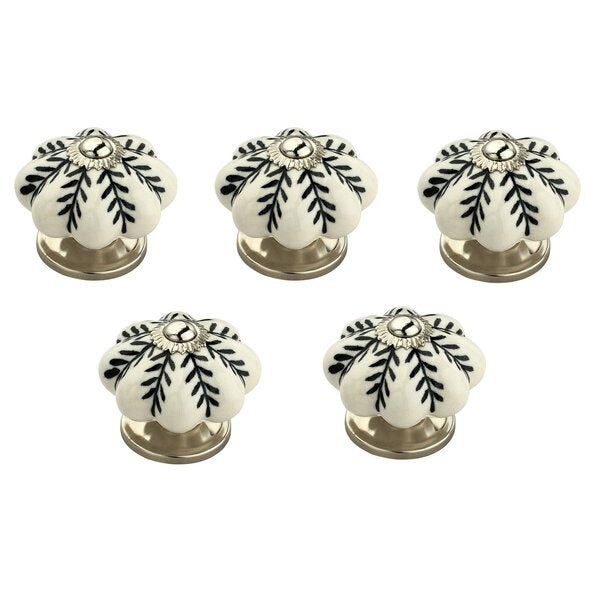 Flowered 1-7/10 in. (43mm) Black & White Cabinet Knob (Pack of 5)