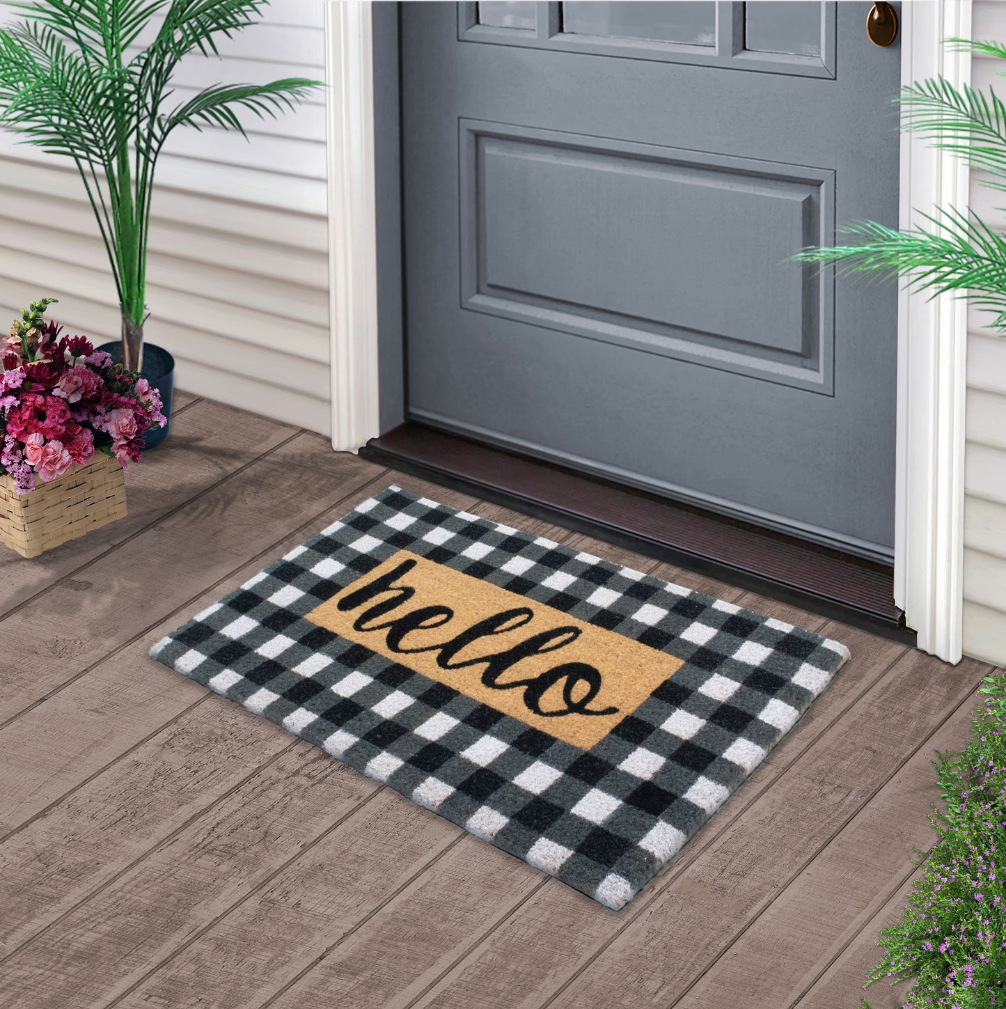 Hello Collection Natural Coir 28 in. x 18 in. Non Slip Indoor and Outdoor