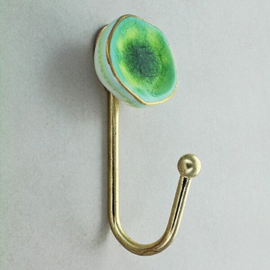 Mascot Hardware Hexagon Ceramic 3-7/9 in. Aqua & Gold Single Hook Crackle Glaze 5-1/5 in. Green & Gold Single Hook