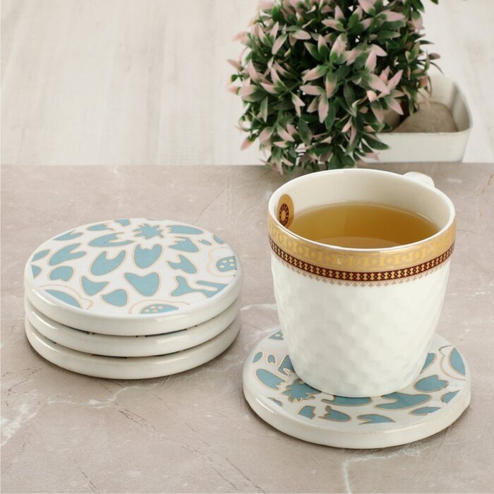 Mascot Hardware Ceramic Round 4 Pieces Aqua & Gold Coaster Set (Set of 4)