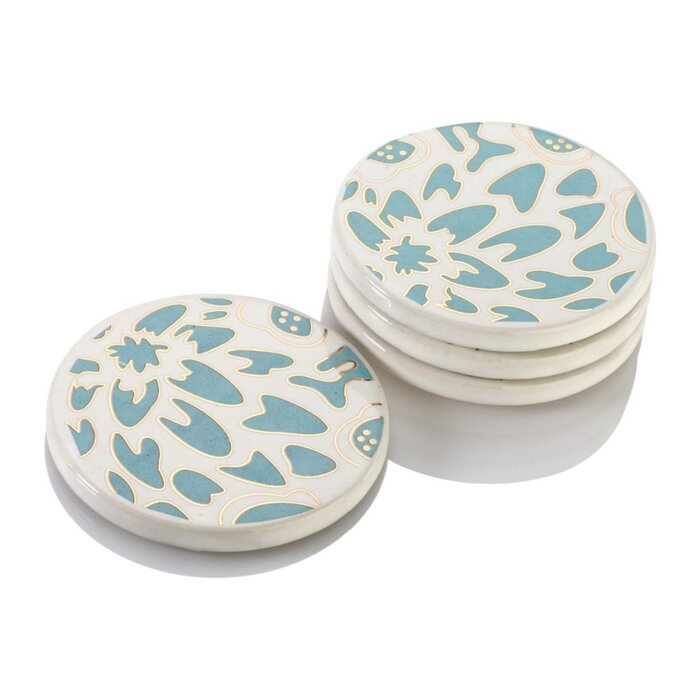 Mascot Hardware Ceramic Round 4 Pieces Aqua & Gold Coaster Set (Set of 4)