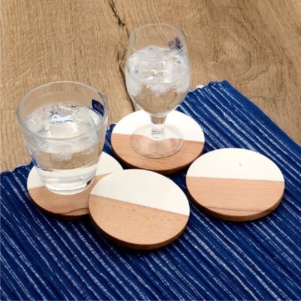 Mascot Hardware Fusion Wood and White Marble Effect 4 pieces Coaster Set