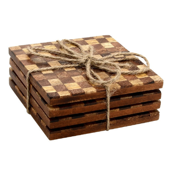 Mascot Hardware Beautiful Square Checkered Wood Coaster Set of 4