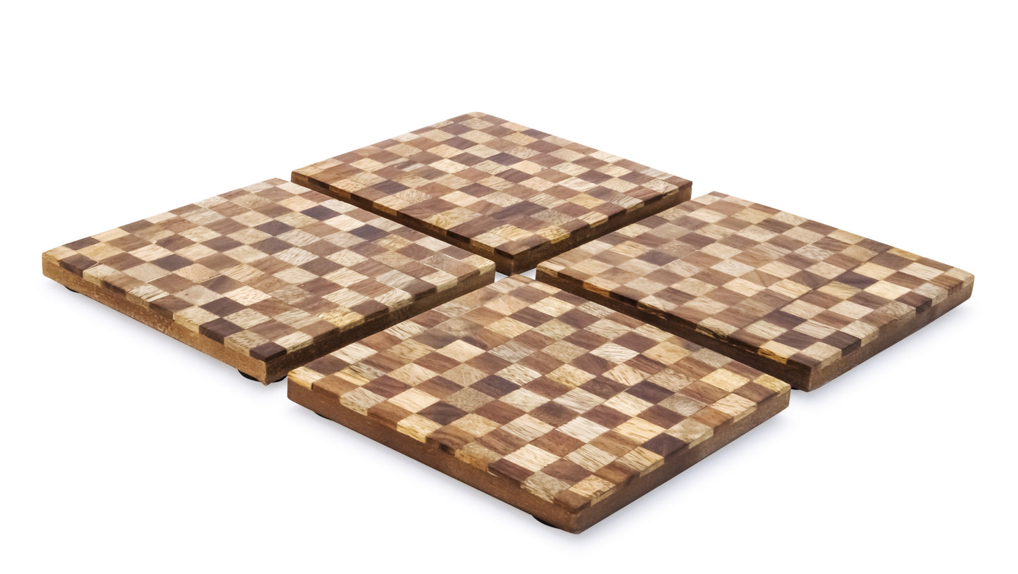 Mascot Hardware Beautiful Square Checkered Wood Coaster Set of 4