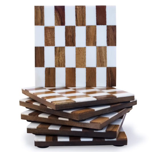 Mascot Hardware Checkered White and Wood Coaster Set of 4