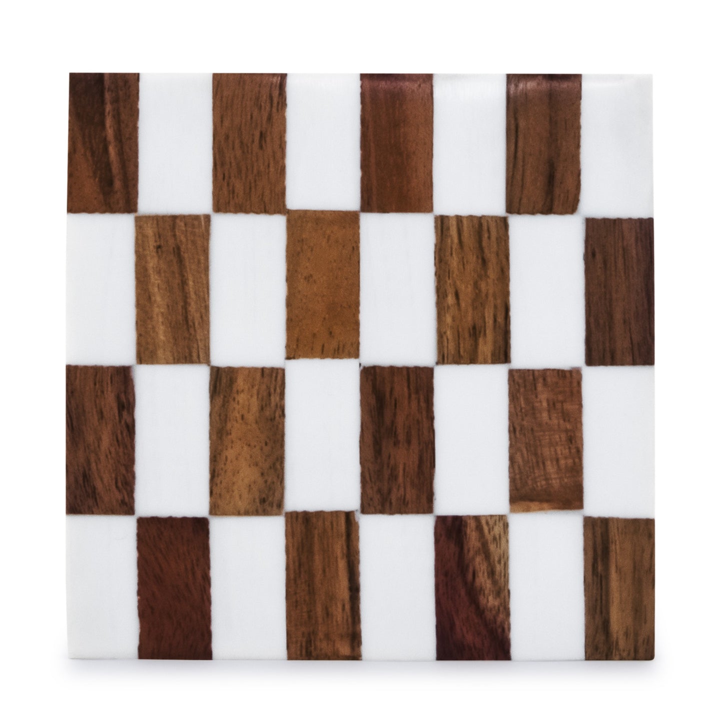 Mascot Hardware Checkered White and Wood Coaster Set of 4