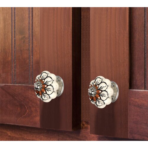 Red Flowered 1-7/10 in. (43mm) Cream & Brown Cabinet Knob
