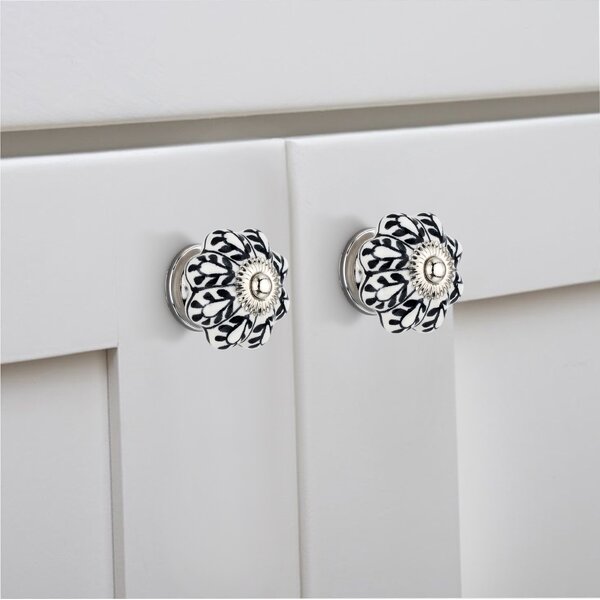 Black 1-3/5 in. Flower on White Melon Cabinet Knob