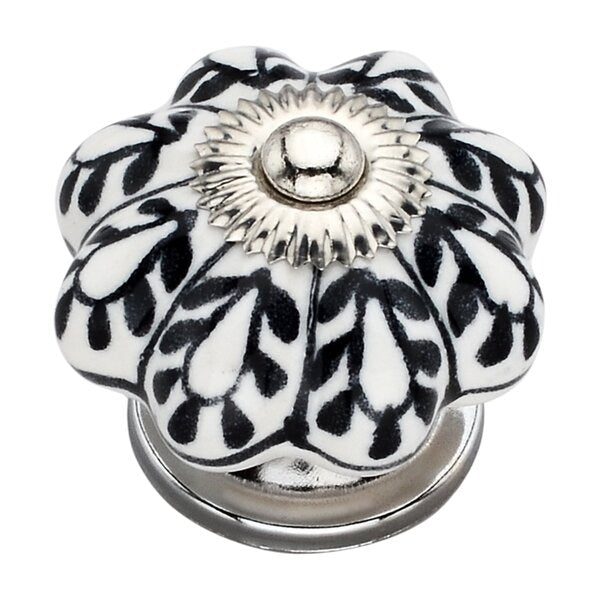 Black 1-3/5 in. Flower on White Melon Cabinet Knob