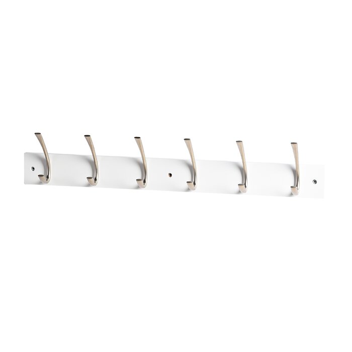 27 in. L Satin Nickel Long Ribbed 6 Hooks on White Hook Rail