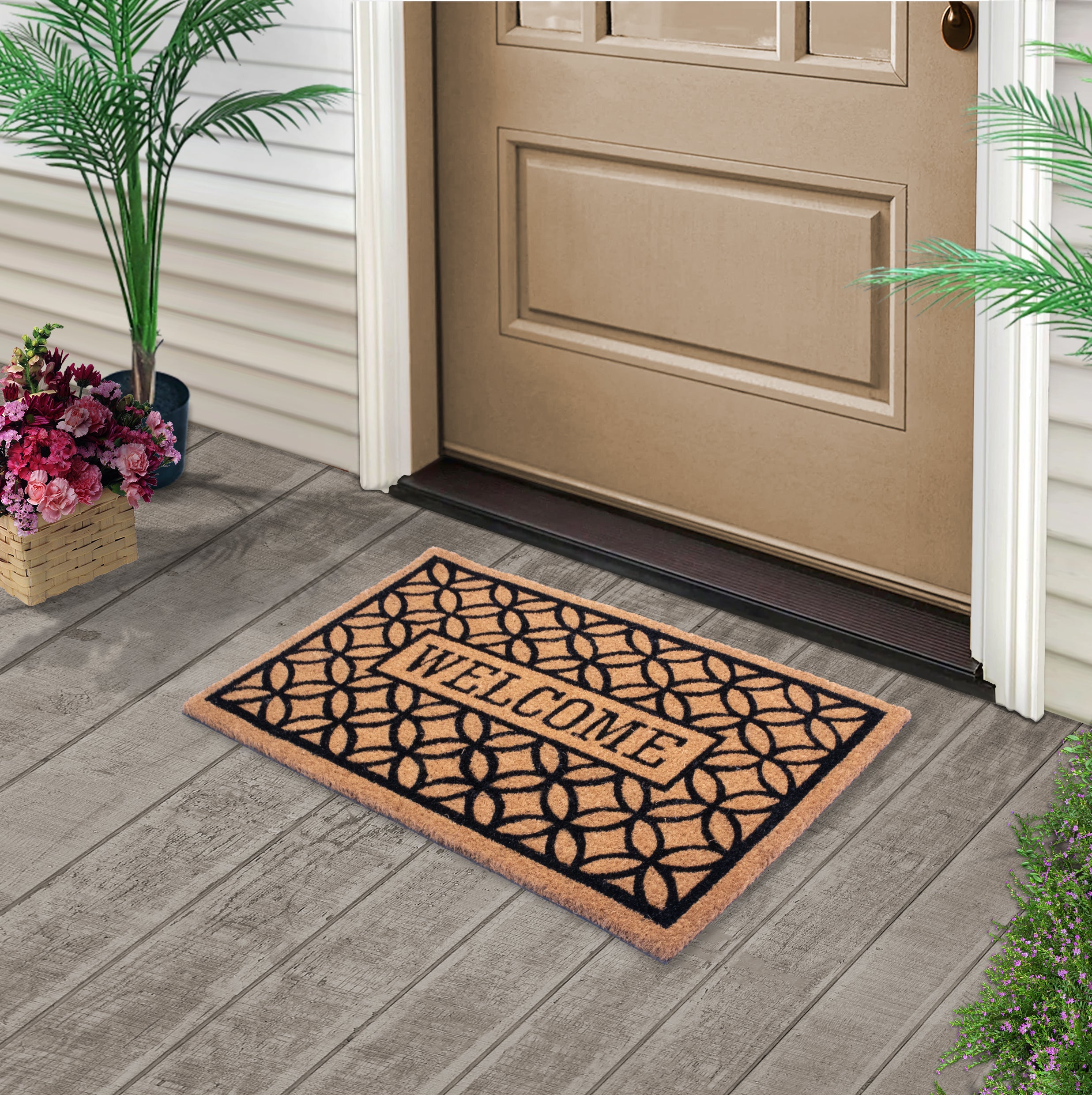 Mascot Hardware Welcome Letter Printed Non-Slip Doormats for Indoor Outdoor, 28 inchx18 inch, Size: Beige, Black