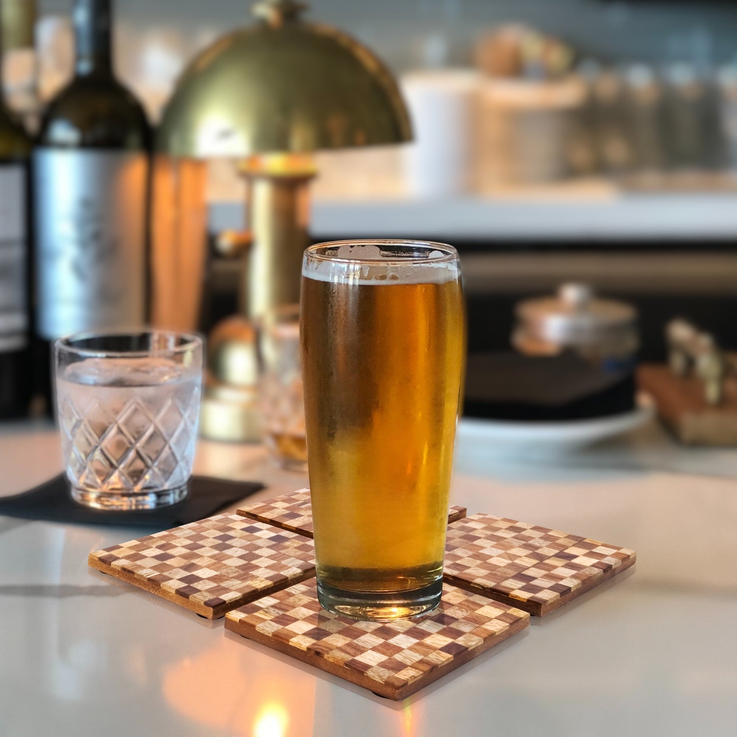 Mascot Hardware Beautiful Square Checkered Wood Coaster Set of 4