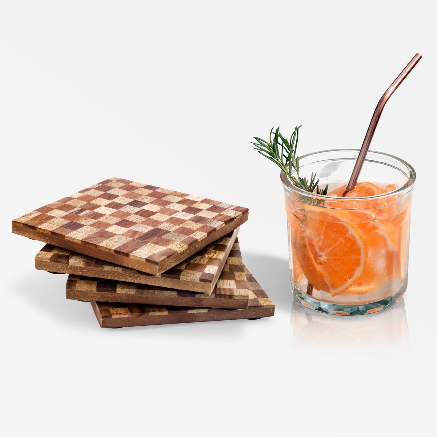 Mascot Hardware Beautiful Square Checkered Wood Coaster Set of 4