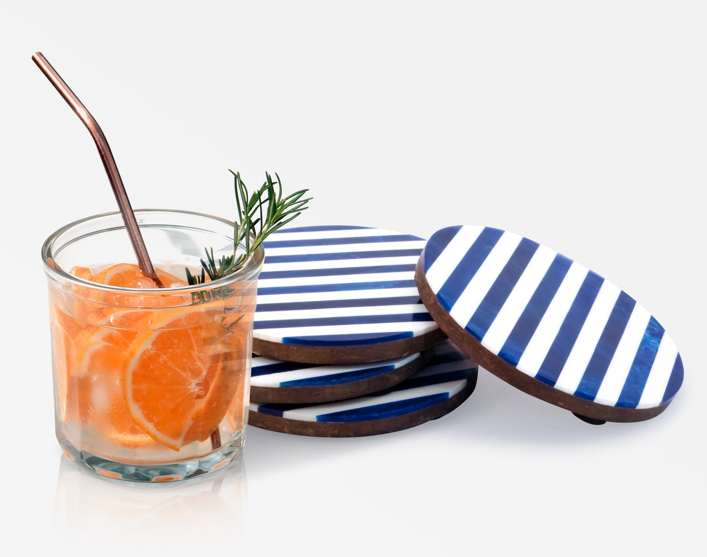 Mascot Hardware Striped 4 pieces White and Ocean Blue Coaster set