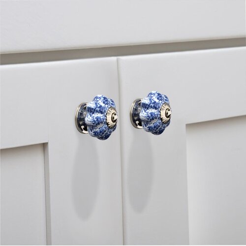 Blue Blossom On White 1-7/10 in. (43mm) Blue & White Cabinet Knob