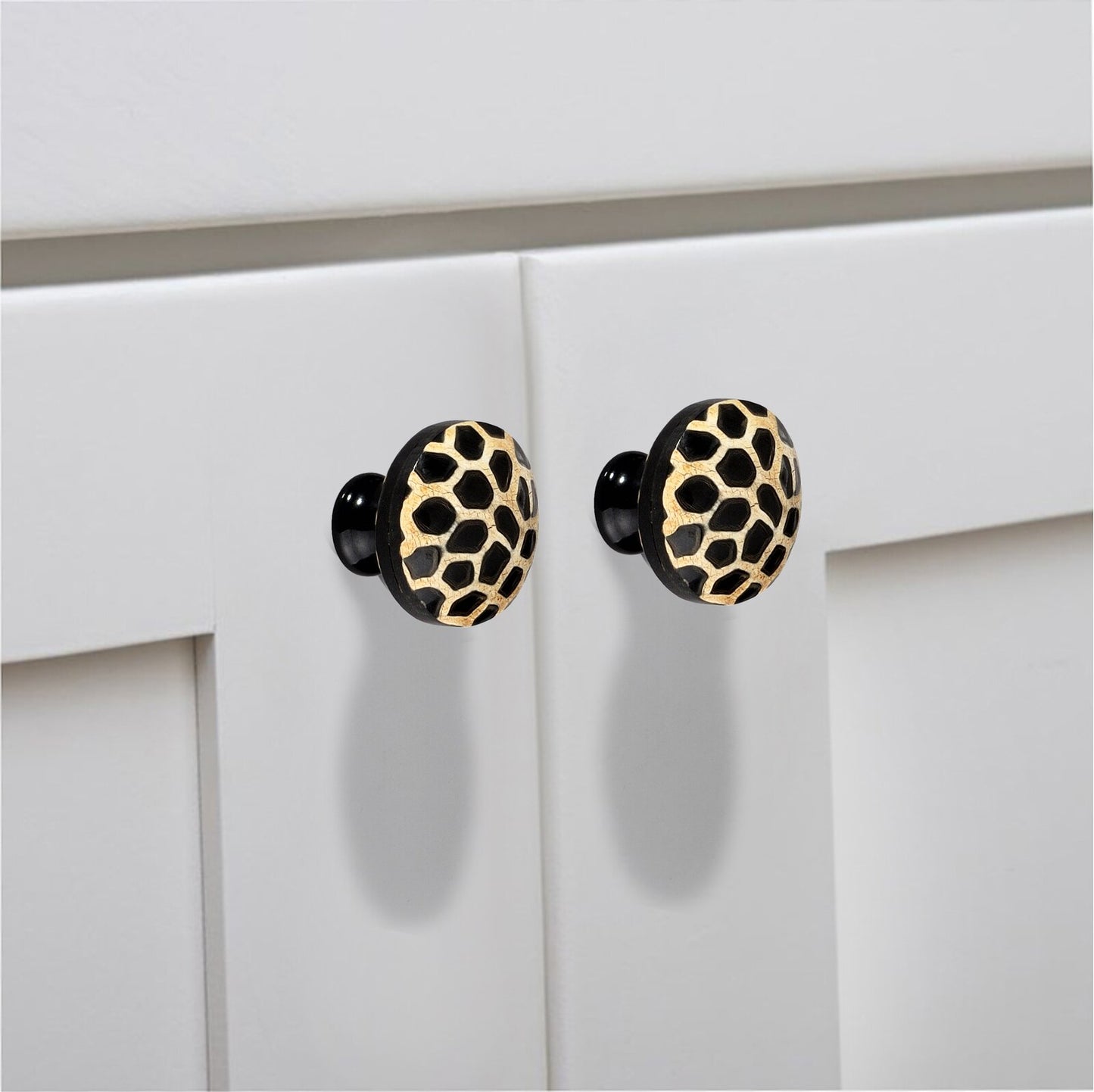 Mascot Hardware Stone Pattern Round 1-3/10 in. Black on Distressed Yellow Cabinet Knob
