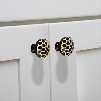 Mascot Hardware Stone Pattern Round 1-3/10 in. Black on Distressed Yellow Cabinet Knob