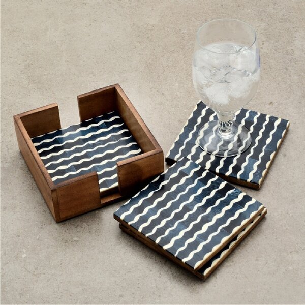 Mascot Hardware Wavy 4 pieces White and Ocean Blue Coaster set in Box