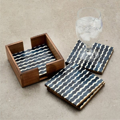 Mascot Hardware Wavy 4 pieces White and Ocean Blue Coaster set in Box