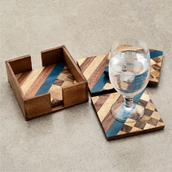 Mascot Hardware Beautiful Square Diagonal & Checkered Wood Coaster (Set of 4)
