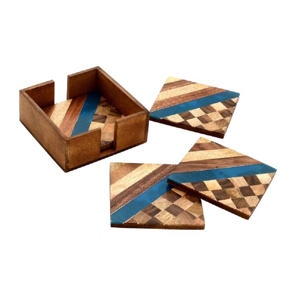 Mascot Hardware Beautiful Square Diagonal & Checkered Wood Coaster (Set of 4)