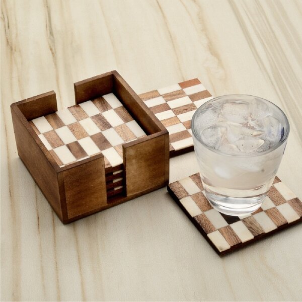 Mascot Hardware Checkered White and Wood Coaster Set of 4