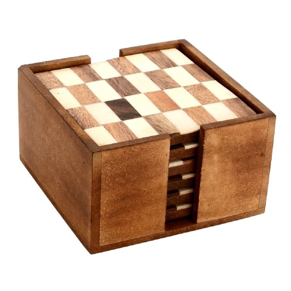 Mascot Hardware Checkered White and Wood Coaster Set of 4