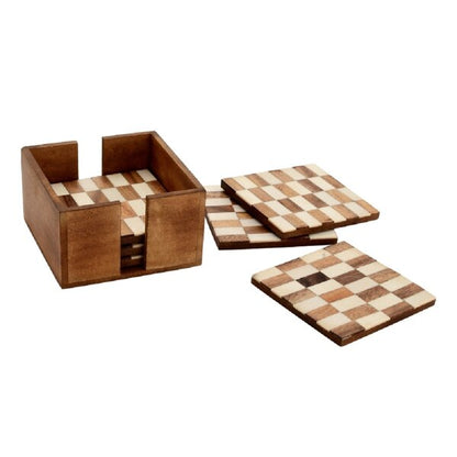Mascot Hardware Checkered White and Wood Coaster Set of 4