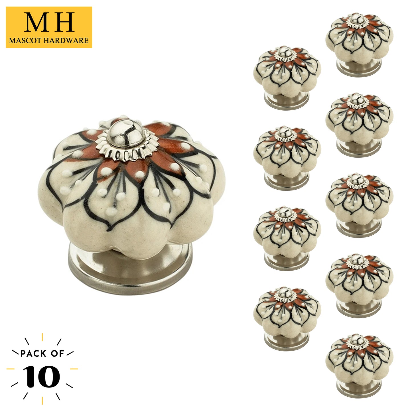 Red Flowered  1-7/10 in. Cream & Brown Cabinet Knob (Pack of 10)