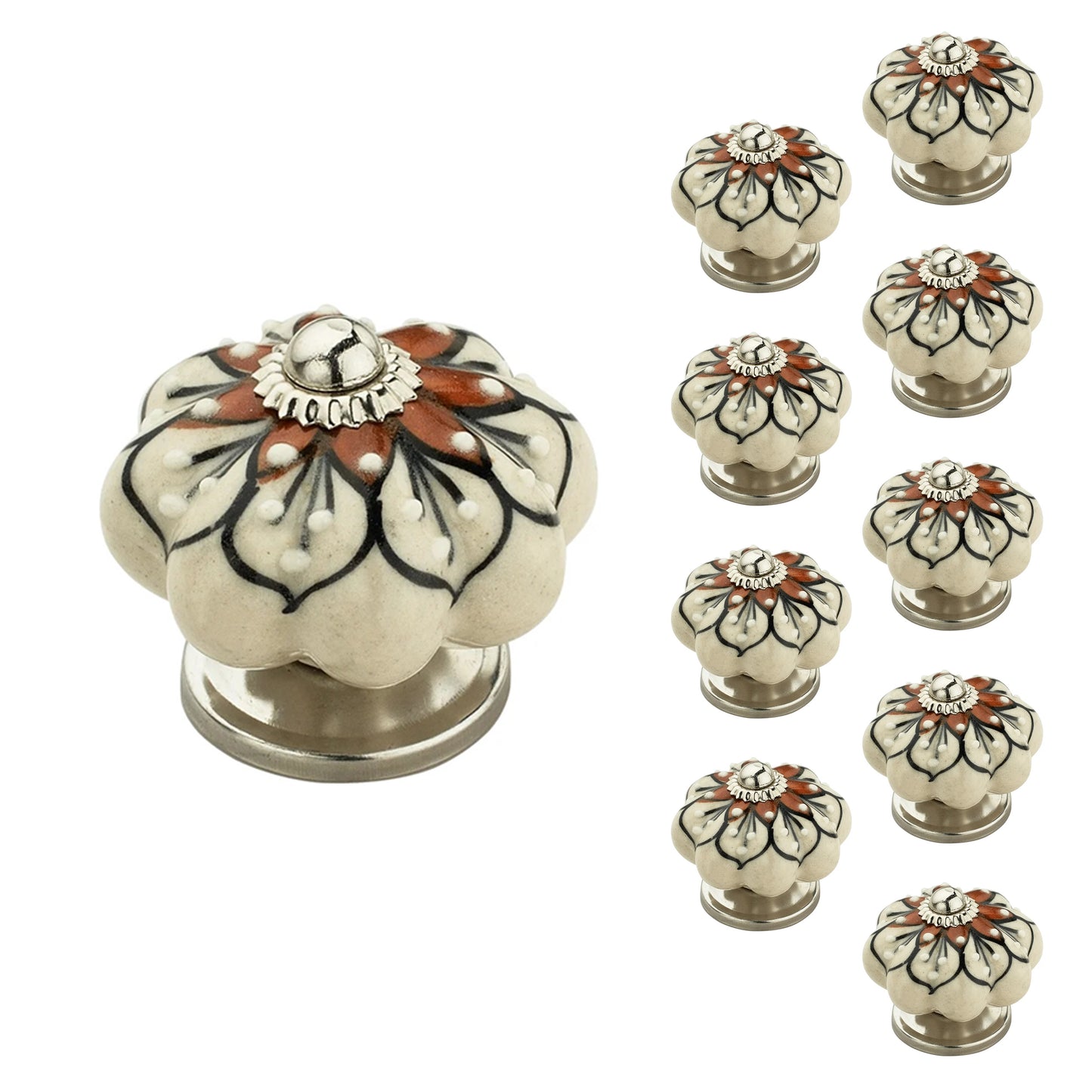 Red Flowered  1-7/10 in. Cream & Brown Cabinet Knob (Pack of 10)