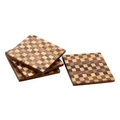 Mascot Hardware Beautiful Square Checkered Wood Coaster Set of 4
