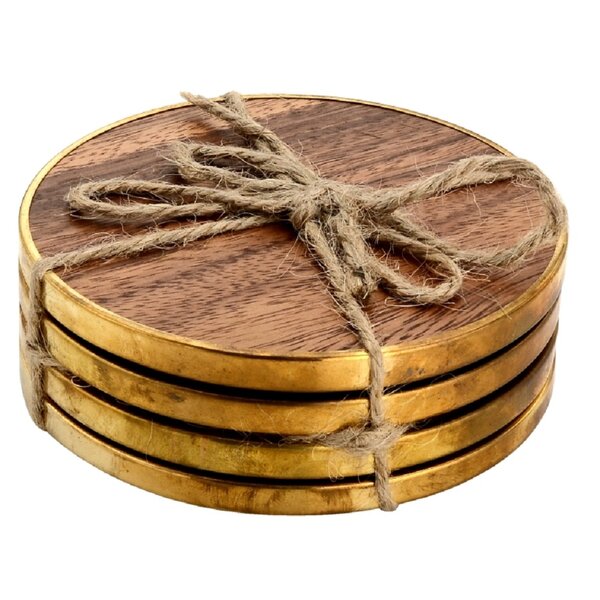 Mascot Hardware Hammered Brass Wood Coaster set of 4