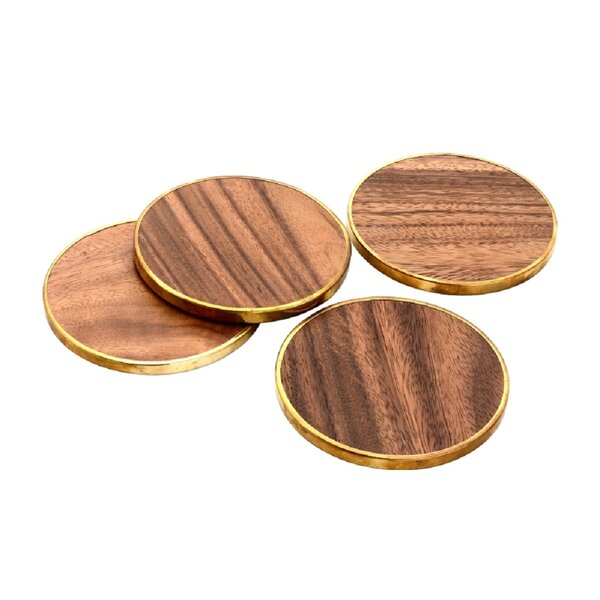 Mascot Hardware Hammered Brass Wood Coaster Set of 4