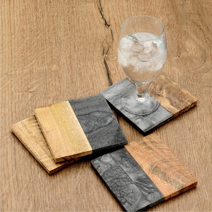 Mascot Hardware Fusion Wood and Granite Effect 4 pieces Half & Half Coaster Set