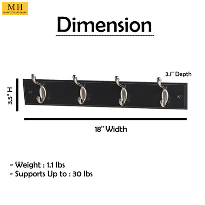 17-5/7 in. L Hat & Coat 4 Hooks on Black Hook Rail