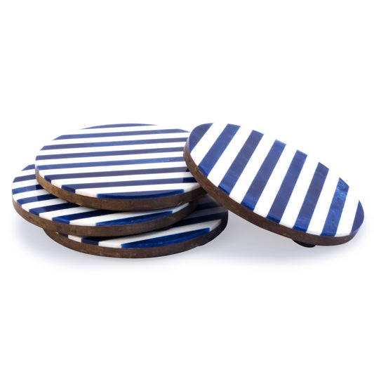 Mascot Hardware Striped 4 pieces White and Ocean Blue Coaster set