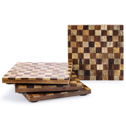 Mascot Hardware Beautiful Square Checkered Wood Coaster Set of 4