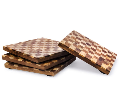 Mascot Hardware Beautiful Square Checkered Wood Coaster Set of 4