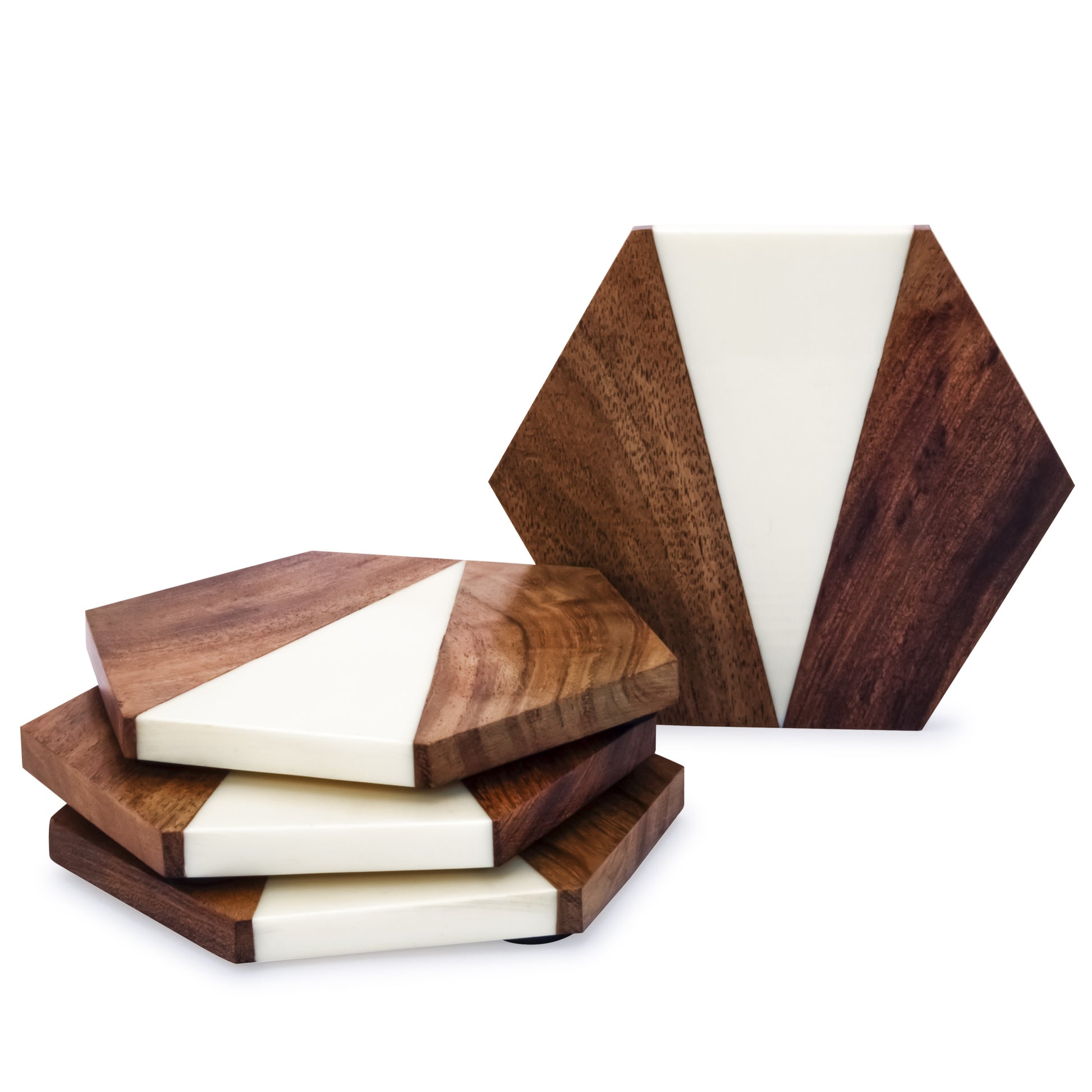 Set of 4 Eco-Friendly Hexagon Marble Wood Coaster