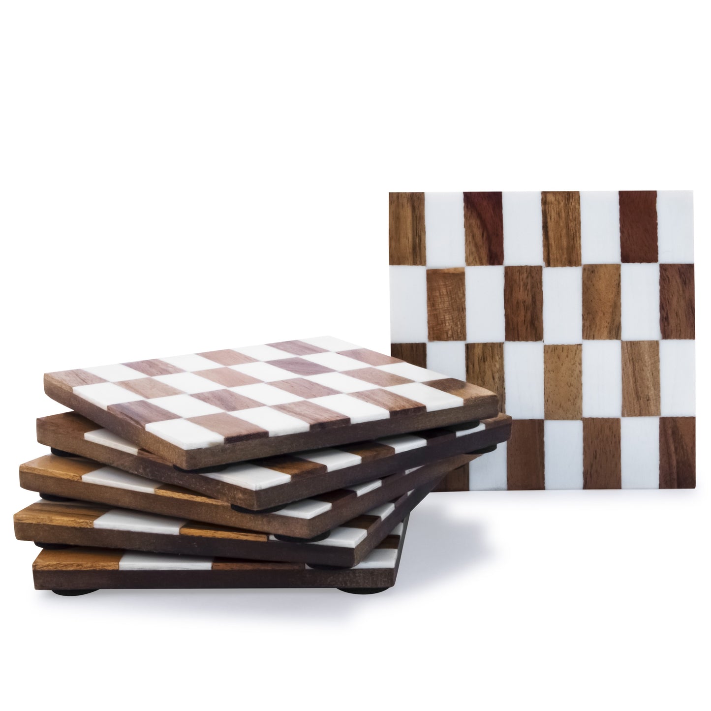 Mascot Hardware Checkered White and Wood Coaster Set of 4