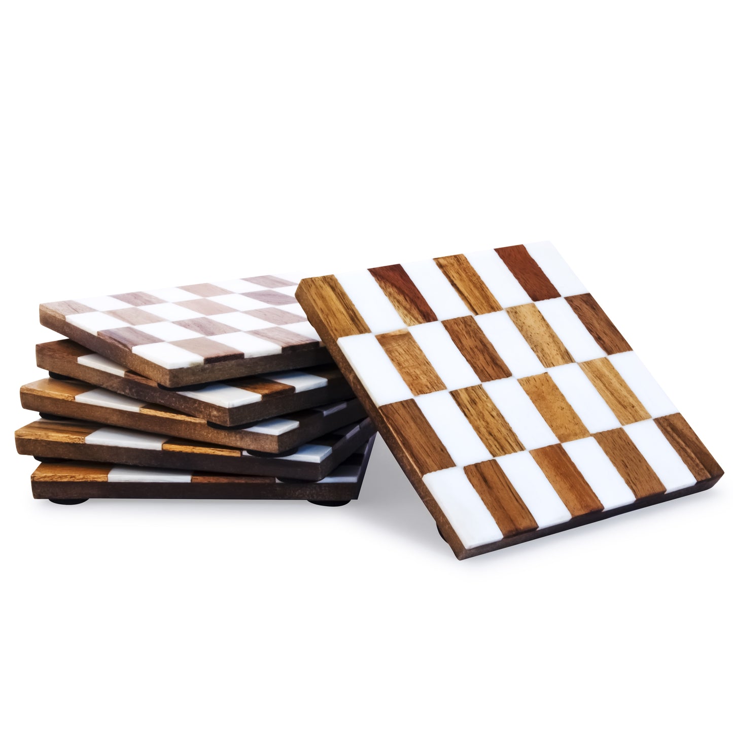 Mascot Hardware Checkered White and Wood Coaster Set of 4