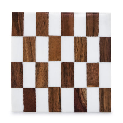Mascot Hardware Checkered White and Wood Coaster Set of 4
