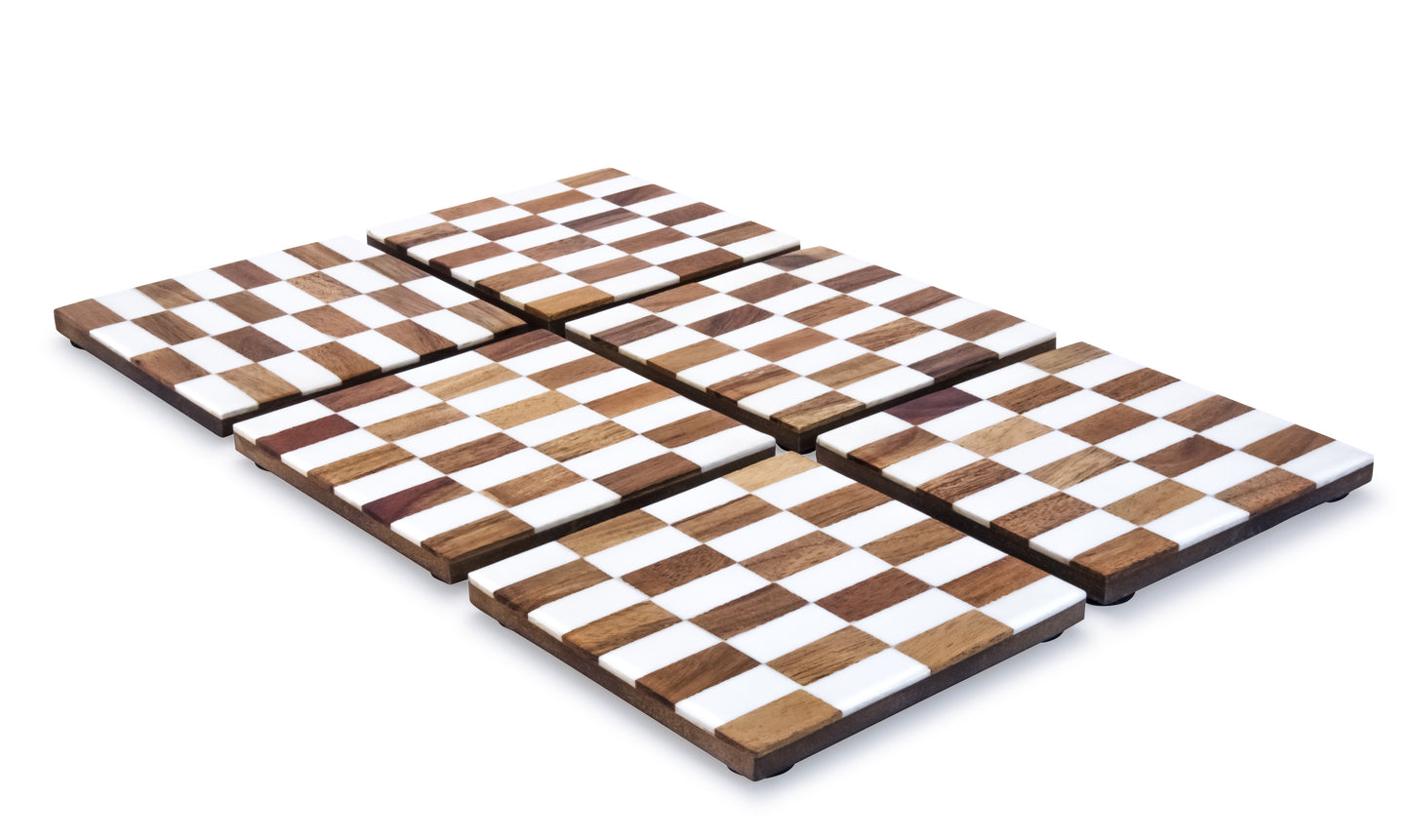 Mascot Hardware Checkered White and Wood Coaster Set of 4