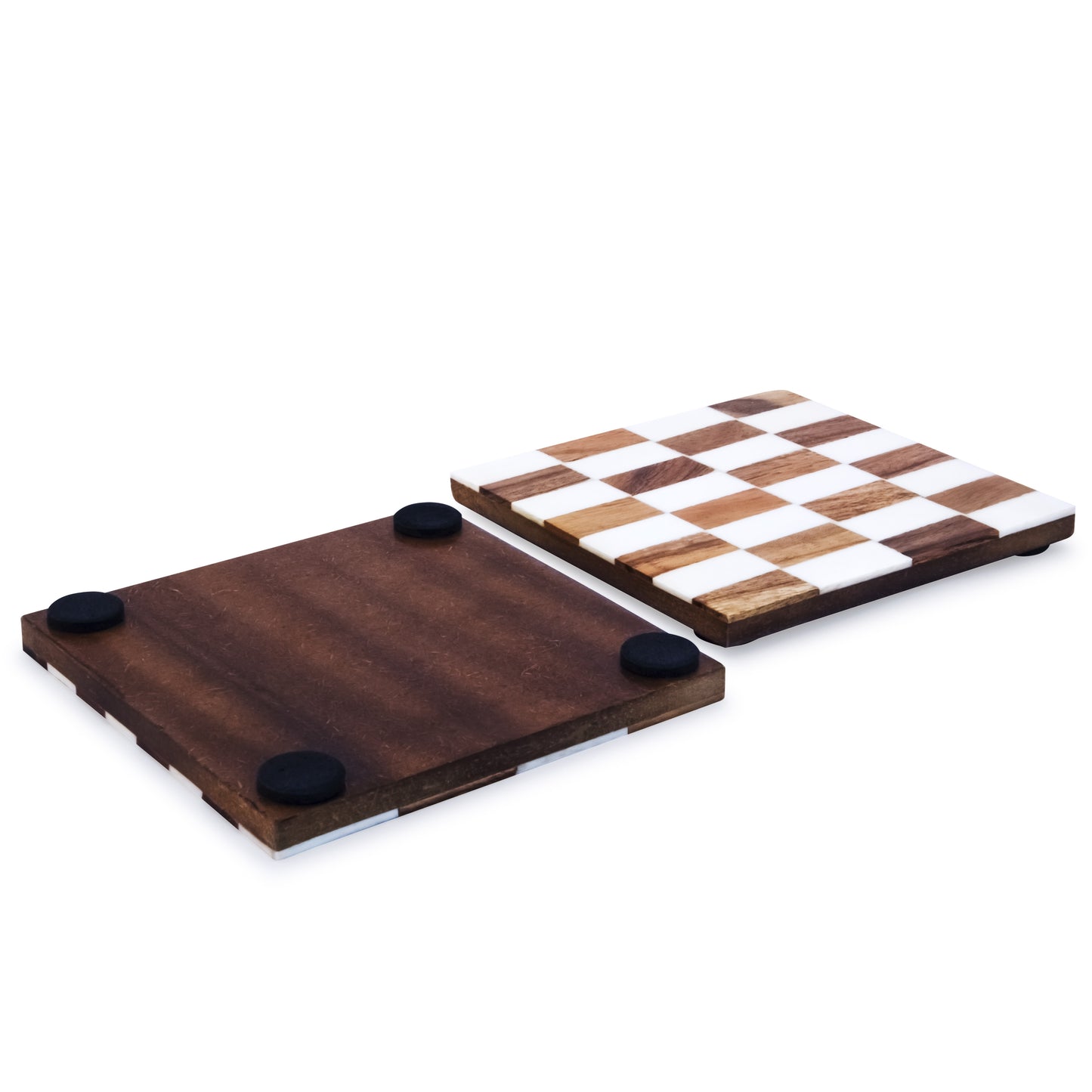 Mascot Hardware Checkered White and Wood Coaster Set of 4