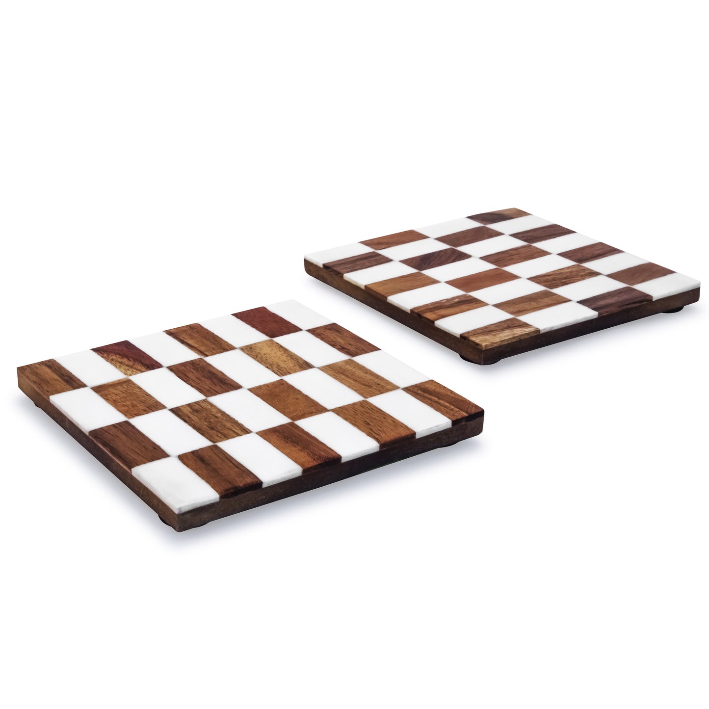 Mascot Hardware Checkered White and Wood Coaster Set of 4
