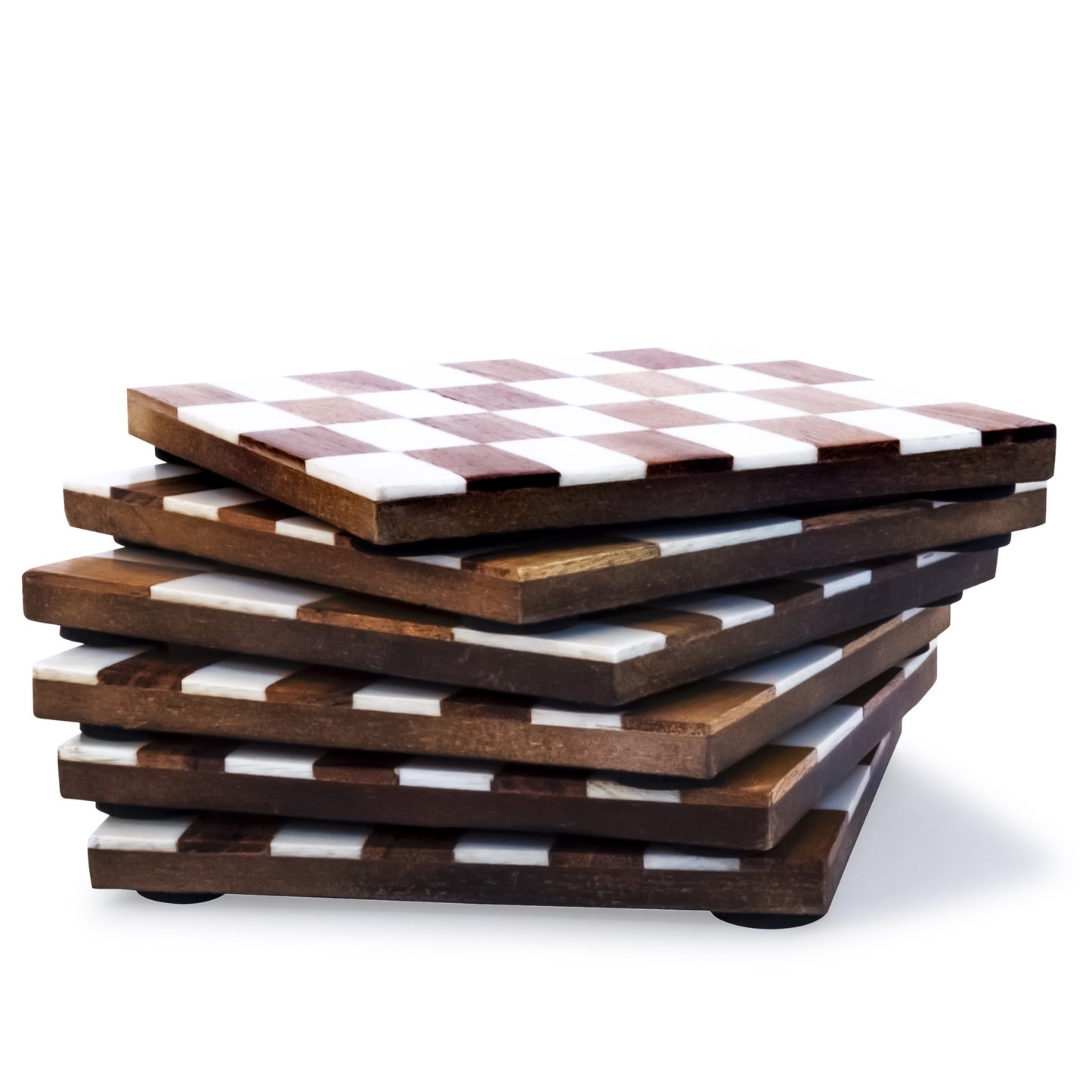 Mascot Hardware Checkered White and Wood Coaster Set of 4