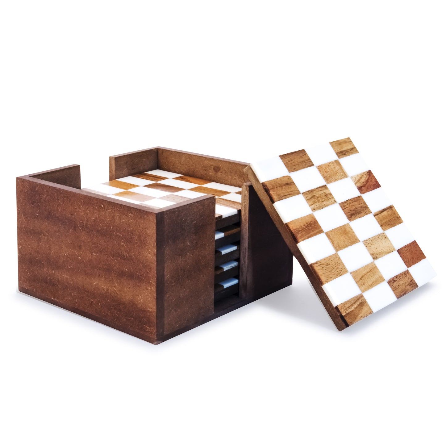 Mascot Hardware Checkered White and Wood Coaster Set of 4