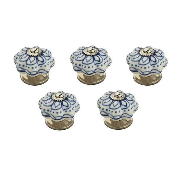 Blue Flowerd 1-7/10 in. White Cabinet Knob (Pack Of 5)