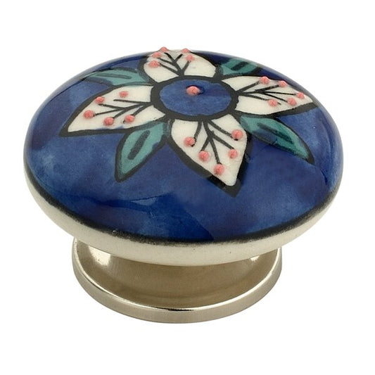 Flowered Flat 1-7/9 in. (45mm) Blue & Multicolor Cabinet Knob